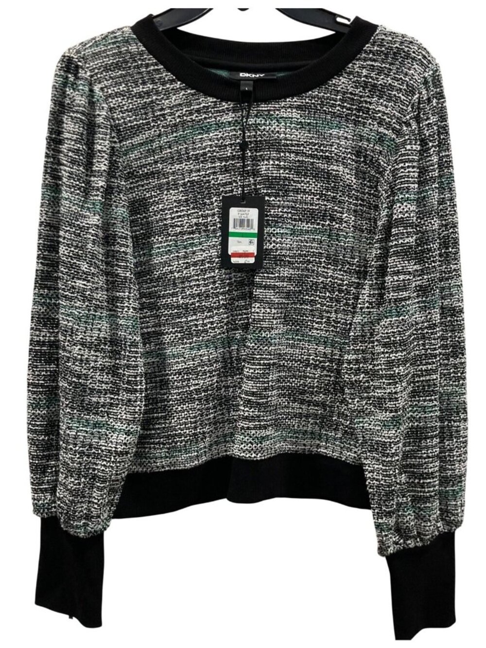 DKNY Tweed Sweater Top L Black Puff Sleeves Casual Quiet Luxury Career Feminine